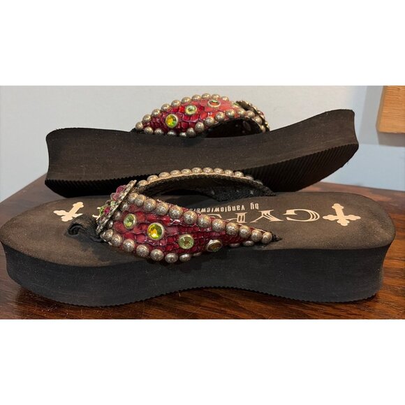Gypsy Soule Womens Rhinestone Embellished Black Flip Flops Red Snakeskin Straps - Picture 4 of 7
